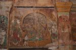 Title: Ramalinga Vilasam Palace Date: First half of the 18th centuryDescription: Top: Damaged; Bottom: Shiva Nataraja; on the left Minakshi Amman, Bhringi, Vyaghrapada and Patanjali; On the right: Brahma; Vishnu and Adhikaranandi. At Shiva's foot, on the right, Karaikkal Ammaiyar playing the cymbals; On the wall projection on the right: Muthu Vijaya Raghunatha Setupati in worshipful attitude. Location: Tamil Nadu Palace;Ramanathapuram Positioning: Room 1, south wall