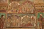 Title: Ramalinga Vilasam Palace Date: First half of the 18th century, restored Description: Top row: Two unidentified Srivaishnava divyadeshams; Bottom row: Two unidentified Srivaishnava divyadeshams; On the wall projections: Muthu Vijayaraghava Setupati (left) and a courtier (right). Location: Tamil Nadu Palace;Ramanathapuram Positioning: Room 1, east wall