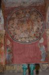 Title: Ramalinga Vilasam Palace Date: First half of the 18th century, partly retouchedDescription: Krishna Venugopala and rasa-mandala (rasa dance); Bottom: Two fly whisk bearers. Location: Tamil Nadu Palace;Ramanathapuram Positioning: Room 4 , The 'King's Bedroom', north wall