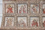 Title: Institute Mater Dei; Old Goa Date: c. 1637-1731Description: Top row: Sts. Uriel archangel;  Ursula; Barbara; Bottom row: Sts. Raphael archangel; Peter; James. Location: Monuments;Old Goa Positioning: Basement, ceiling of the lecture hall