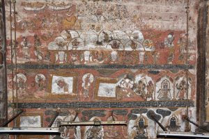 Title: Vaidyanatha Temple; Matavarvalakam, Srivilliputtur Date: Paintings: 17th centuryDescription: Top row: Shiva enthroned on Mt Kailasa whose slopes are populated by yogis and celestials. On right, at the foot of the mountain is Narada. Second row: Shiva creates the Ganga water tank, Surya bathes in it and worships Shiva - the rays of light fall over the god's image. Bottom row: The Shiva linga among five trees created by the rays of the sun. Surya is depicted paying homage to the linga; Devi worships the linga; the Ganga temple tank. Location: Tamil Nadu Temple;Vaidyanatha Temple;Srivilliputtur Positioning: Mahamandapa ceiling, west end