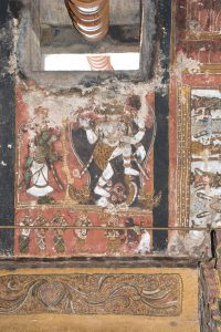 Title: Vaidyanatha Temple; Matavarvalakam, Srivilliputtur Date: Paintings: 17th centuryDescription: Shiva dancing, standing on his left leg, appears before Vyaghrapada, Patanjali, Karaikkal Ammeiyar and three other ascetics. Location: Tamil Nadu Temple;Vaidyanatha Temple;Srivilliputtur Positioning: Mahamandapa ceiling, panel flanking the flag staff