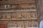 Title: Zamindar's Palace Date: mid-19th centuryDescription: Top row: Janaka and his entourage meet Dasharatha’s party; Second row: Lakshmana garlands Urmila; Shartughna garlands Shrutakirti and Bharata garlands Mandavi, the brides are seated on their fathers' thigh; Third row: Bharata and Mandavi, Shartughna and Shrutakirti are given a ceremonial bath. Location: Tamil Nadu Palace;Bodinayakkanur Positioning: Lakshmi Vilasam