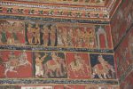 Title: Zamindar's Palace Date: mid-19th centuryDescription: Top row: The courtesans seduce Rishyashringa (Kalaikottu munivar) and bring him to the kingdom ofAnga where his arrival relesases the rains; King Romapada, his minister and an ascetic welcome him ; Rishyashringa weds Shanta Romapada's adoptive daughter; Second row: Vasishtha teaches elephant riding to Rama and horse riding to Shartughna, Bharata and Lakshmana. Location: Tamil Nadu Palace;Bodinayakkanur Positioning: Lakshmi Vilasam