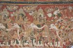 Title: Zamindar's Palace Date: mid-19th centuryDescription: Rama, Lakshmana and Bharata on elephants surrounded by the festive crowds; Apsaras watch the wedding procession from the sky and strew on it flower petals. Location: Tamil Nadu Palace;Bodinayakknur Positioning: Lakshmi Vilasam