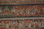 Title: Zamindar's Palace Date: mid-19th centuryDescription: Top row: Preceded by parasol and insignia-bearers Dasharatha and Vasishtha ride in chariots on their way to Mithila; Second row: Shatrughna, Sita, Urmila and Mandavi’s arms are massaged with haldi (turmeric). Location: Tamil Nadu Palace;Bodinayakkanur Positioning: Lakshmi Vilasam