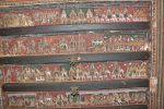 Title: Zamindar's Palace Date: mid-19th centuryDescription: Ceiling (from left to right and then from right to left and so on); Top row: The bridal procession leaves Mithila; They meet Parashurama; King Dasharatha falls at his feet; Rama challenges Parashurama; Second row: Wanting to test Rama, Parashurama asks him to demolish the staircase he built by piling up the bodies of the kings he had killed, which enabled his own ancestors to reach svarga (i.e. heaven) easily. Rama does so; Third row: Parashurama bestows his bow upon Rama and departs;  Fourth row: The party arrives in Ayodhya and is greeted by a welcoming committee. 



 Location: Tamil Nadu Palace;Bodinayakkanur Positioning: Darbar Hall, ceiling