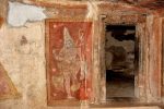 Title: Jaina Monuments; Tirumalai (Polur) Date: Paintings, 16th centuryDescription: Dvarapala at the entrance of a rock cut shrine. Location: Tamil Nadu Temple;Jaina Monuments;Tirumalai Positioning: Jaina rock-cut shrines, antechamber