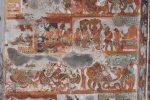 Title: Nataraja Temple complex; Shivakamasundari shrine; Chidambaram Date: 17th centuryDescription: Top row( from left to right): Nataraja and Shivakami enshrined in the Chit Sabha (disappeared), opposite which a dancer and musicians are performing while Tunmata looks on; The next scene depicts a Brahmin trying to persuade Tunmata, who has been seized by a soldier, to mend his ways. Two ladies and a donkey carry the booty of his robberies. Bottom row: Tunmata bends down to touch a snake, he is bitten: Yama’s servants seize him. On the left: Shiva's ganas attack Yama’s servants. Location: Tamil Nadu Temple;Nataraja Temple complex;Chidambaram Positioning: Shivakamasundari shrine; open mandapa, second bay from the south