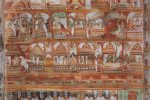 Title: Nataraja Temple complex; Shivakamasundari shrine; Chidambaram Date: 17th centuryDescription: Shaiva sacred sites; Top row; first from left: Parvati at Kanchipuram and Tiruvannamalai; Agastya at Vriddhachalam; The elephant at Tiruvanaikkaval; Vishnu at Kumbakonam and offering his eyes at Tiruvilimilalai, Parvati as a peacock at Mayuram, Brahma at ? ; Second row: A cow worships at Tiruvavaduturai; the four Vedas at ?; Ishana and Indra ?;  Kali at Tiruvengadu; Jatayu at Vaitisvarankoyil . Location: Tamil NaduTemple;Nataraja Temple complex;Chidambaram Positioning: Shivakamasundari shrine; open mandapa,second bay from south