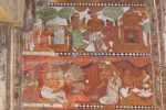 Title: Nataraja Temple complex; Shivakamasundari shrine; Chidambaram Date: 17th centuryDescription: Bottom row: Vyaghrapada has a son, Upamanyu, who had the privilege of tasting the milk of the divine cow, Surabhi. He finds the home food tasteless and refuses to eat it. Top row: Upamanyu and his parents near a tank. His father places him in front of the Shiva temple where he receives the Milky Ocean. Location: Tamil Nadu Temple;Nataraja Temple complex;Chidambaram Positioning: Shivakamasundari shrine; open mandapa, northernmost bay (E)
