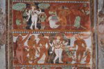 Title: Nataraja Temple complex; Shivakamasundari shrine; Chidambaram Date: 17th centuryDescription: Top row: Shiva as Bhikshatana and Vishnu as Mohini accompanied by their retinue, prepare to go to the Daruka forest; Bottom row: Shiva seduces the wives of the rishis, whose garments slip from their bodies. To the extreme right, fully dressed, is Arundhati. Location: Tamil Nadu Temple;Nataraja Temple complex;Chidambaram Positioning: Shivakamasundari shrine; open mandapa,second bay from the north (E)
