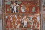 Title: Nataraja Temple complex; Shivakamasundari shrine; Chidambaram Date: 17th centuryDescription: Top row: Shiva as Bhikshatana and Vishnu as Mohini accompanied by their retinue, prepare to go to the Daruka forest; Bottom row: Shiva seduces the wives of the rishis, whose garments slip from their bodies. To the extreme right, fully dressed, is Arundhati.

 Location: Tamil Nadu Temple;Nataraja Temple complex;Chidambaram Positioning: Shivakamasundari shrine; open mandapa,second bay from the north (E)