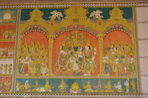 Title: Minakshi Sundareshvara Temple, Madurai Date: Late 1990s; unfinished; Artist, T. VinothDescription: The marriage of Minakshi and Sundareshvara. Vishnu, on the left, gives the bride away. (TP 5) Location: Tamil Nadu Temple;Minakshi Sundareshvara Temple;Madurai Positioning: Potramarai tank, north side