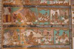 Title: Kallalagar Temple complex; Vasanta mandapa; Alagar Koyil Date: 18th centuryDescription: Top row (from left):  Back in Ayodhya Dasharatha

consults Rishyashringa (Kalaikottu munivar) and Vasishtha. Dasharatha visits his queens. Bottom row: The three pregnant queens are being fanned by their attendants. Dasharatha talks to a messenger.

 Location: Tamil NaduTemple;Kallagar Temple complex;Alagar Koyil Positioning: Vasanta mandapa; central pavilion, ceiling, east side