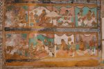 Title: Kallagar Temple complex; Vasanta mandapa; Alagar Koyil Date: 18th centuryDescription: Top row: The three queens are being

fanned by their attendants. Dasharatha talks to a messenger. Bottom row (from right): the messenger takes leave of the king. The three pregnant queens are looked after by their attendants.

 Location: Tamil Nadu Temple;Kallagar Temple complex;Alagar Koyil Positioning: Vasanta mandapa; central pavilion, ceiling, south east corner