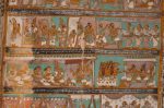 Title: Kallalagar Temple complex; Vasanta mandapa; Alagar Koyil Date: 18th centuryDescription: Top row (from left): The messenger informs Dasharatha of the of the birth of his sons. The king, after performing the necessary rituals, bathing and shaving, meets his sons. Bottom row (from right): He then distributes food to the Brahmins; Vasishtha performs the namakarana (naming ceremony). Location: Tamil Nadu Temple;Kallalagar Temple complex;Alagar Koyil Positioning: Vasanta mandapa; central pavilion, ceiling, south side
