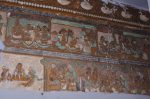 Title: Kallalagar Temple complex; Vasanta mandapa; Alagar Koyil Date: 18th century, partly obliterated by whitewashDescription: Top row: Rama greets Dasharatha and the queens; Kaikeyi tells him that her son, Bharata, will be king and that he will be banished for fourteen years. Rama and Lakshmana take leave of Kausalya and Sumitra. Bottom row: Rama and Lakshmana push across a river a raft on which Sita is seated; They arrive at an hermitage. Location: Tamil Nadu Temple;Kallalagar Temple complex;Alagar Koyil Positioning: Vasanta mandapa; south wall