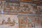 Title: Kallalagar Temple complex; Vasanta mandapa; Alagar Koyil Date: 18th century, partly obliterated by whitewashDescription: Top row: Rama greets Dasharatha and the queens; Kaikeyi tells him that her son, Bharata, will be king and that he will be banished for fourteen years. Rama and Lakshmana take leave of Kausalya and Sumitra. Bottom row: Rama and Lakshmana push across a river a raft on which Sita is seated; They arrive at a hermitage. Location: Tamil Nadu Temple;Kallalagar Temple complex;Alagar Koyil Positioning: Vasanta mandapa; south wall