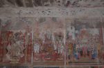 Title: Kallapiran Temple; Srivaikuntham Date: 17th centuryDescription: 108 Srivaishnava divyadeshams. From left: 1) Standing Vishnu. 2) Standing Vishnu. 3) Standing Vishnu flanked by consorts. Location: Tamil Nadu Temple;Kallapiran Temple;Srivaikuntham Positioning: Inner prakara, west wall, top row