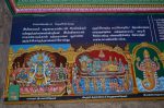 Title: Andal Temple; Srivilliputtur Date: Paintings, late 20th centuryDescription: 108 Srivaishnava divyadeshams. The two divyadeshams which are in heaven. 1) Vaikuntha.The transcendent aspect of Vishnu, Parampadam Paravasudeva seated on Shesha, flanked by Sridevi and Bhudevi on his left, and Nila Devi on his right, surrounded by celestials and devotees. 2) Tirupparkkadal Vishnu reclining on Shesha, floating on the Milk Ocean, with his three consorts at his feet and Brahma emerging from the lotus issuing from his navel.  His emanations, the vyuhas, are shown in the foreground along with Narada and Tumburu on the left, the four Sanatkumaras  (the mind-born sons of Brahma) and Garuda on the right, along with other celestials. It is from here that Vishnu descends to earth in different avataras. 3) Matsya avatara. Location: Tamil Nadu Temple;Andal Temple;Srivilliputtur Positioning: Inner prakara, south wall