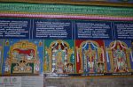 Title: Andal Temple; Srivilliputtur Date: Paintings, late 20th centuryDescription: 108 Srivaishnava divyadeshams: 1) Sri Ranganatha of Srirangam reclining on Shesha. Behind him is Vibhishana. In the foreground are the festival images of the deity: Alagiyamanavala and the consort goddesses. 2) Srinivasa of Tirumala, standing. On the right, the festival images of the deity flanked by Alarmelumangai Thayar and Padmavati Thayar. 3) Sri Varadaraja Perumal of Kanchipuram, standing. On the right, the festival images of the deity flanked by his consorts. 4) Tirunarayana of Melukote standing, and Bibi Nacchiyar seated at his feet. Location: Tamil Nadu Temple;Andal Temple;Srivilliputtur Positioning: Inner prakara, south wall