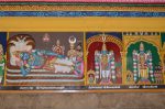 Title: Andal Temple; Srivilliputtur Date: Paintings, late 20th centuryDescription: 108 Srivaishnava divyadeshams. 1) Sri Adikeshava Perumal of Tiruvattaru reclining on Shesha, with  his consort seated behind him. Brahma  emerges from the lotus issuing from Adikeshava Perumal's navel. Chandra and Markandeya stand at his feet. 2) Sri Imayavaramban of Tiruchenkunrur (Chengannur) standing. On the left, the goddess and, on the right, Shiva performing penance. 3) Sri Mayappiran of Tiruppuliyur standing; On the left: Porkodi Nacchiyar, on the right, the Sapta rishis. Location: Tamil Nadu Temple;Andal Temple;Srivilliputtur Positioning: Inner prakara, south wall