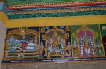 Title: Andal Temple; Srivilliputtur Date: Paintings, late 20th centuryDescription: 108 Srivaishnava divyadeshams. 1) Sri Appakkudatan of Tiruppernagar (Koiladi) reclining on Shesha. Brahma emerges from the lotus issuing from Appakkudatan's navel. In the foreground Kamalavalli Thayar and, to the extreme left, a lady with a pot of appams. In the background king Uparisarvasu and Markandeya (?);  2) Sri Narasimha Perumal of Tanjaiyali Nagar (Thanjai Yali Koyil) seated with his consort, Thanjai Nayaki, on his left thigh flanked by Markandeya on the left, and Prahlada on the right. 3) Sri Aransapamtirtha Perumal of Tirukkandiyur, standing flanked by Kamalavalli Nacchiyar and Agastya (?) on the left, and Shiva on the right. Location: Tamil Nadu Temple;Andal Temple;Srivilliputtur Positioning: Inner prakara, west wall