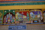 Title: Andal Temple; Srivilliputtur Date: Paintings, late 20th centuryDescription: 108 Srivaishnava divyadeshams. 1) Sri Vayamkatatta Perumal of Tirukkudalur standing flanked by  Ramanivalli Nacchiyar on the left, another consort and an ascetic on the right; 2) Sri Gajendravaradan of Kapisthalam reclining on Shesha. Brahma emerges from the lotus issuing from Gajendravaradan's navel. In the foreground, from left: the goddess; Gajendra being saved from the crocodile by Vishnu; the Gajendra pushkarini (tank), and Hanuman standing at the feet of the god; 3) Sri Kolavilli Raman of Tirupullam Buthamkudi (Pullam Bhuthamkudi) reclining on Shesha. In the foreground are his consort, Pottramariyal Thayar, the Vayu tirtham tank, and the vulture Jatayu. Standing on the right are Pey alvar and Rama. Location: Tamil Nadu Temple;Andal Temple;Srivilliputtur Positioning: Inner prakara, west wall