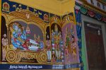 Title: Andal Temple; Srivilliputtur Date: Paintings, late 20th centuryDescription: 108 Srivaishnava divyadeshams. 1) Sri Aravamutan (Sarangapani) of Tirukkudandai (Kumbakonam), reclining on Shesha in his chariot-shaped sanctuary. Brahma emerges from the lotus issuing from Aravamuthan's navell. On the left is Hema maharishi (Bhrigu Maharishi) and on the right, Tirumalisai alvar. In the top left corner is the shrine of Komalavalli Thayar. 2) Sri Uppiliyappan of Tirunagesvara/Tiruvinnagaram (Uppiliappan Koyil) standing and, on the left, Bhu Devi in her shrine. On the right: Garuda; Markandeya maharishi and two goddesses. Location: Tamil Nadu Monuments;Andal Temple;Srivilliputtur Positioning: Inner prakara, west wall