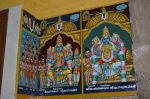 Title: Andal Temple; Srivilliputtur Date: Paintings, late 20th centuryDescription: 108 Srivaishnava divyadeshams. 1) Sri Narayanan (Nara Narayanan), of Tirunganur (Thirumanimadakkoil) seated. On the left Mahadeva and further ten forms of Shiva. Top left corner, Pundarikavalli Nacchiyar and, on the right, rhe Indra Pushkarini; 2) Sri Kudamadukutar of Tirunganur (Arimeya Vinnagaram), seated. On the left stands Uthanga maharishi. In the top left corner is Alakukatavalli Nacchiyar, and in the right hand corner, the Koti tirtham. Location: Tamil Nadu Temple;Andal Temple;Srivilliputtur Positioning: Inner prakara, north wall