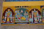 Title: Andal Temple; Srivilliputtur Date: Paintings, late 20th centuryDescription: 108 Srivaishnava divyadeshams. 1) Sri Perulalar of Tiruchemponsey Koyil (Tirunagur), standing, flanked by his consort and by Kailasapati (Shiva). 2) Sri Senganmal of Tiruttetriambalam (Tirunagur) reclining on Shesha with Sengalamalli Nacchiyar standing at his feet. Brahma emerges from the lotus issuing from Senganmal's navel; On the right, the serpent Shesha. The inscription at the bottom mentions the Surya pushkarini (tank). 3) Sri Naranarayanan of Tiruvellakkulam standing, flanked by Kumudavalli Nacchiyar and Sveta Raja on the left, and Umapati (Shiva) on the right. In the top left hand corner, Puar Tirumangai Nacchiyar in her shrine. Location: Tamil Nadu Temple;Andal Temple;Srivilliputtur Positioning: Inner prakara, north wall