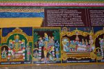 Title: Andal Temple; Srivilliputtur Date: Paintings, late 20th centuryDescription: 108 Srivaishnava divyadeshams. 1) Sri Vijayaraghava, of Tiruputkuli, seated flanked on the left by Markatavalli Nacchiyar, and by Garudarajan, on the right. 2) Sri Nityakalyana of Tiruvidavendadai (Tiruvendadai) standing, flanked by Komalavalli Nacchiyar on the left, and by Markandeya on the right. 3) Sri Sthalashayana Perumal of Tirukadalmallai (Mamallapuram) reclining on Shesha. Brahma emerges from the lotus issuing from Sthalashayana Perumal's navel. In the top left corner is Pundarikavalli Nacchiyar, two consorts sit behind the god, and Butha alvar stands at his feet. Location: Tamil Nadu Temple;Andal Temple;Srivilliputtur Positioning: Inner prakara, north wall