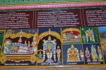 Title: Andal Temple; Srivilliputtur Date: Paintings, late 20th centuryDescription: 108 Srivaishnava divyadeshams. 1) Sri Stalashayana Perumal of Tirukadalmallai (Mamallapuram) reclining on Shesha. Brahma emerges from the lotus issuing from Sthalashayana Perumal's navel. In the top left corner is Pundarikavalli Nacchiyar; Two consorts sit behind the god and Butha alvar stands at his feet. 2) Sri Nirvannan of Tirunirmalai (Malai Adivara Koyil) standing flanked by Sri Animamalarmangai Nacchiyar on the left and Valmiki maharishi on the right. The inscription mentions the Sva pushkarini (tank) i.e. the Svarna pushkarini; 3)Tirunirmalai (Malai Mel Koyil). Top row: Sri Ranganatha, Sri Trivikrama; Bottom row: Yoga Narasimha flanked by Prahlada; Sri Chakravarti Tirumahan flanked by Sita, Hanuman and Lakshmana. Location: Tamil Nadu Temple;Andal Temple;Srivilliputtur Positioning: Inner prakara, north wall