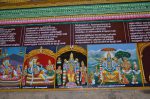 Title: Andal Temple; Srivilliputtur Date: Paintings, late 20th centuryDescription: 108 Srivaishnava divyadeshams. 1) Sri Paramapurushan of Tiruppiriti (Tiruprindhi) i.e. Joshi Math seated on Shesha with Parimalavalli. On the left Parvati pays homage to them;  2) Sri Muktiperumal, of Salagramam, i.e. Mukti Nath, standing. On the left are Brahma and the Gandaki (?) River, on the right, Sridevi (?). 3) Sri Badrinarayanan of Badrikaskshetram (Badrinath) seated. On the left Nara and Garuda; On the right are Narayanan, Badri maharishi; Lakshmi (?) and Narada (?). In the background, left are the two hot water springs: Taptakunda and Suryakunda. Location: Tamil NaduTemple;Andal Temple;Srivilliputtur Positioning: Inner prakara, north wall