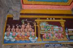 Title: Andal Temple; Srivilliputtur Date: Paintings, late 20th centuryDescription: At the centre Sri Ranganatha reclining on Shesha, and in the foreground the processional images of Alagiyamanavala and consorts. On the right, Alagyiamanavala pays homage to Manavalamamuni who is expounding a theological text. On the right the most important theologians and Manavalamamuni's eight disciples, who were instrumental in the spreading of the Srivaishnava doctrine in southern India.  Location: Tamil Nadu Temple;Andal Temple;Srivilliputtur Positioning: Inner prakara, north wall, east corner