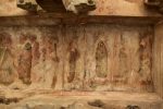 Title: Virabhadraswamy Temple; Lepakshi Date: First half of the 16th centuryDescription: Ramapattabhisheka (Rama's coronation); The seven rishis (sages) pay homage to Rama. On the left, kneeling Hanuman holds Rama's right foot. Location: Andhra PradeshTemple;Virabhadraswamy Temple;Lepakshi Positioning: Natyamandapa, first bay from the west