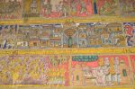 Title: Atmanatha Temple; Avudaiyarkoyil (Tirupperunturai) Date: Paintings: late 19th, early 20th centuryDescription: Top row; Tired of waiting for the horses, Arimarttana Pandya instructs his henchmen to torture and imprison Manikkavachakar; Second row: The jackals invade Madurai; Third row: Manikkavachakar and disciples; A sacred fire appears in a tank and 999 chosen devotees of Shiva jump in it to join their Lord. Location: Tamil Nadu Temple;Atmanatha Temple;Avudaiyarkoyil Positioning: Sivananda Manikkavachakar shrine, west face