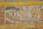 Title: Atmanatha Temple; Avudaiyarkoyil (Tirupperunturai) Date: Paintings: late 19th, early 20th centuryDescription: Fourth row: The pilgrimage of Manikkavachakar and his followers. In the course of their wanderings they arrive at an ashram and converse with an ascetic. Location: Tamil Nadu Temple;Atmanatha Temple;Avudaiyarkoyil Positioning: Sivananda Manikkavachakar shrine, west face