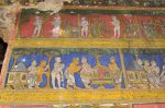 Title: Atmanatha Temple; Avudaiyarkoyil (Tirupperunturai) Date: Paintings: late 19th, early 20th centuryDescription: Top row: End of the sequence of unidentified episodes involving Manikkavachakar and some ladies; Second row: A palanquin is readied under Manikkavachakar's guidance. Location: Tamil Nadu Temple;Atmanatha Temple;Avudaiyarkoyil Positioning: Sivananda Manikkavachakar shrine, north face