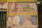 Title: Atmanatha Temple; Avudaiyarkoyil (Tirupperunturai) Date: Paintings: late 19th, early 20th centuryDescription: Third row: The sage and his followers meet the dumb daughter of the Chola king; Fourth row: damaged. Location: Tamil Nadu Temple;Atmanatha Temple;Avudaiyarkoyil Positioning: Sivananda Manikkavachakar shrine, north face