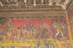 Title: Atmanatha Temple; Avudaiyarkoyil (Tirupperunturai) Date: Paintings: late 19th, early 20th centuryDescription: From left: Vishnu as Mohini seduces the rishis: The rishis create various creatures from the sacrificial fire; Shiva as Gajasurasamhara. Location: Tamil Nadu Temple;Atmanatha Temple;Avudaiyarkoyil Positioning: Sivananda Manikkavachakar shrine, prakara, south west corner