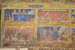 Title: Atmanatha Temple; Avudaiyarkoyil (Tirupperunturai) Date: Paintings: late 19th, early 20th centuryDescription: Top row: The story of Dhandi Adigal nayanmar; the story of Somasimara nayanmar; Bottom row: The story of Murkha nayanmar (disappeared); The story of Sakkiya nayanmar. Location: Tamil Nadu Temple;Atmanatha Temple;Avudaiyarkoyil Positioning: Sivananda Manikkavachakar shrine, prakara,north wall