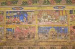 Title: Atmanatha Temple; Avudaiyarkoyil (Tirupperunturai) Date: Paintings: late 19th, early 20th centuryDescription: Top row: The story of Chirappuli nayanmar; The story of Cheraman Perumal nayanmar; Bottom row: The story of Siruttondar nayanmar; The story of Gananatha nayanmar Location: Tamil Nadu Temple;Atmanatha Temple;Avudaiyarkoyil Positioning: Sivananda Manikkavachakar shrine, prakara, north wall