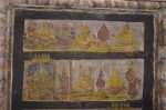 Title: Brihadishvara Temple complex; Brihannayaki shrine; Thanjavur Date: 19th centuryDescription: Dakshayajna (Daksha's sacrifice) Top row; Daksha pours oblation into the fire at the presence of the gods; Bottom row: Devi approaches Shiva atop Kailasa; Devi approaches Brahma & Daksha. Location: Tamil Nadu Temple;Brihadishvara Temple complex;Thanjavur Positioning: Brihannayaki shrine, mandapa ceiling, west aisle