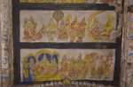 Title: Brihadishvara Temple complex; Brihannayaki shrine; Thanjavur Date: 19th centuryDescription: Dakshayajna (Daksha's sacrifice);Top row: The wedding of Shiva and Parvati; Himavan and Mena in their city. The gods, among them Vishnu, Brahma (?), Surya and Agni, pay homage to Shiva and Parvati enthroned. Location: Tamil Nadu Temple;Brihadishvara Temple complex;Thanjavur Positioning: Brihannayaki shrine, mandapa ceiling, west aisle